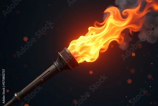 Fototapeta Illuminated Torch with Fiery Flames and Glowing Embers Set Against a Dark Backdrop, Casting a Warm and Dynamic Light.                                 