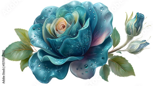 Fototapeta Teal Rose with Water Droplets and Bud on Transparent Background