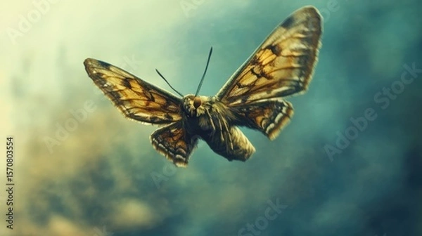 Fototapeta A golden moth in flight against a soft backdrop.