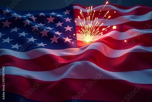 Fototapeta American Flag Waves with Sparkling Fireworks Burst in Vibrant Red, White, and Blue Celebration                                                        