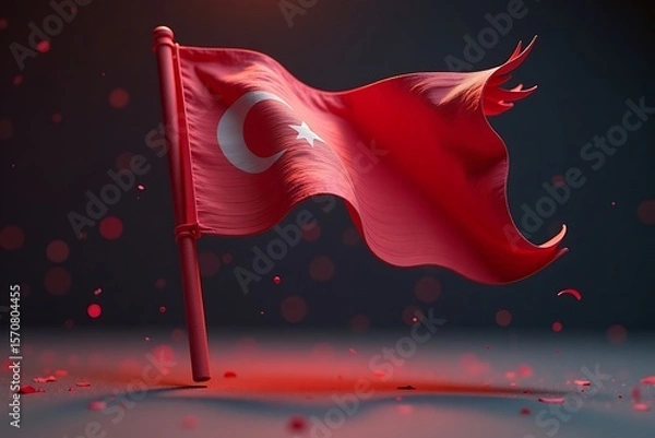 Fototapeta Textured Red Turkish Flag on Dark Background, Crescent Moon and Star Motif, Waving in Wind, National Symbol with Dramatic Lighting and Particles      