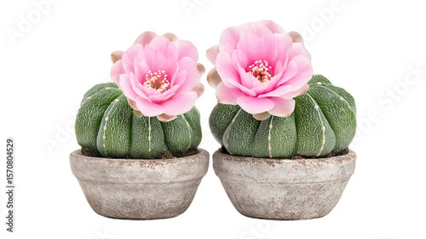 Fototapeta Two Pink Flowering Cacti In Gray Pots On Transparent Background