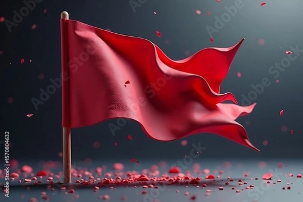 Fototapeta Waving Red Flag: A Visual Metaphor for Warning and Danger, Showcasing Alertness and Risk with Scattered Debris on a Dark Surface                      