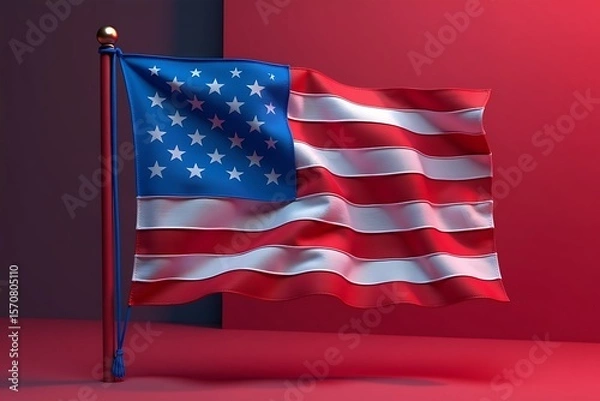 Fototapeta Waving American Flag on a Red Pole with Stars and Stripes Against a Solid Red Background.                                                             
