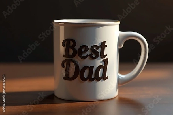 Fototapeta White Coffee Mug with "Best Dad" Message and Golden Rim on Wooden Table Against Dark Background in Soft Morning Light, Ideal for Father's Day         