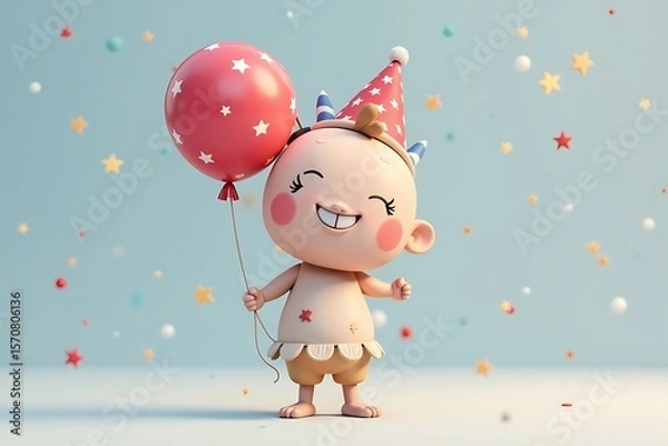 Fototapeta Joyful Cartoon Baby with a Starry Red Balloon and Party Hat Celebrating, Festive Background with Confetti, Animation Style                            