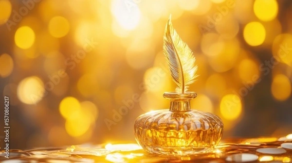 Fototapeta Ornate inkwell with a golden feather in a golden setting.