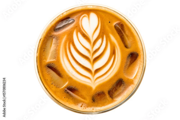 Fototapeta Top view of an iced coffee latte with decorative foam leaf art isolated with transparent background
