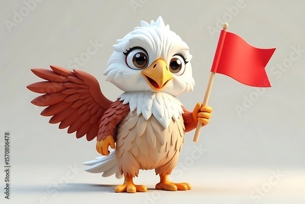 Fototapeta Cartoon Eagle Mascot with Red Flag, Isolated on White Background, Cute and Cheerful, Digital Illustration for Kids Content                            