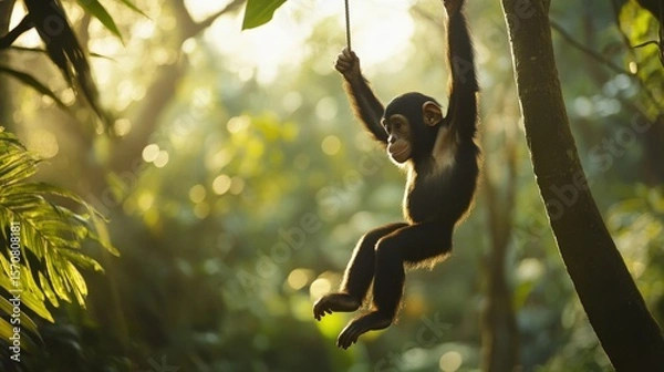Fototapeta A young chimpanzee hangs from a rope in a lush jungle.
