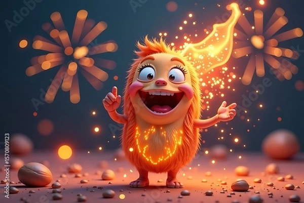 Fototapeta Joyful Orange Fuzzy Creature with Sparkling Flames, Cheerful Expression, and Energetic Celebration amid Blurred Bokeh Fireworks Display               