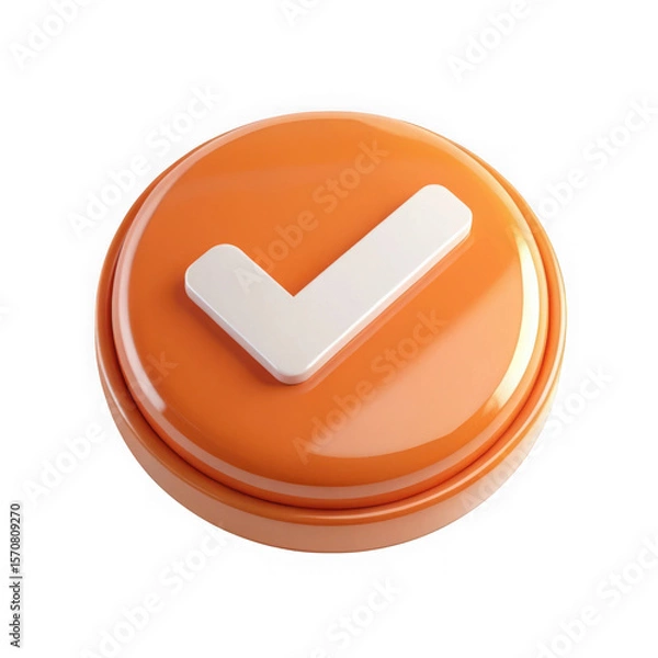 Fototapeta Glossy orange button with white check mark symbol on black background
