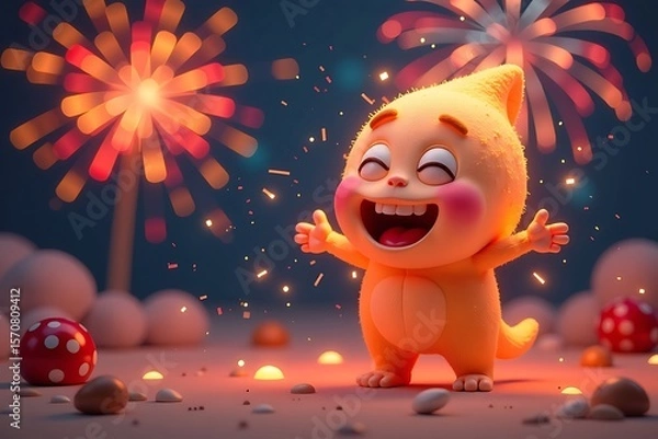 Fototapeta Happy Cartoon Character Celebrating with Fireworks, Perfect for Holiday Greetings and Festive Occasions in a Cheerful and Vibrant Style.              
