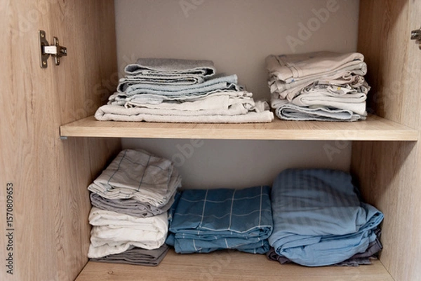 Fototapeta Bed linen, sheets and pillowcases and towels neatly stacked in closet in bedroom