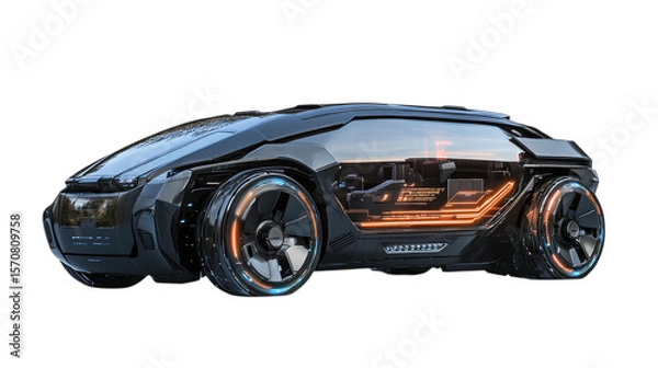 Fototapeta • A futuristic self-driving car with autonomous technology, isolated on white background in HD 