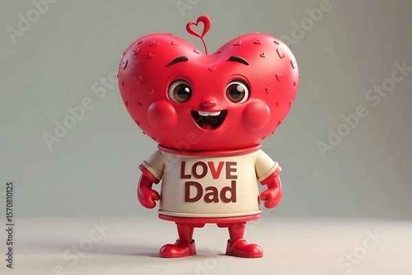 Fototapeta Cartoon Heart Character with 'Love Dad' T-shirt, red skin and heart, standing with a happy expression, perfect for Father's Day projects.             