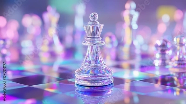 Fototapeta A vibrant, iridescent chess queen piece on a multicolored chessboard.