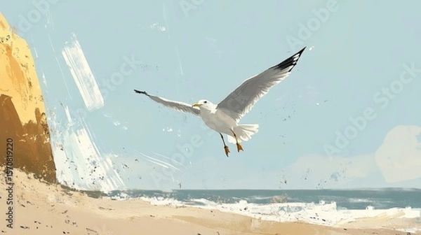 Fototapeta A seagull soars above a tranquil beach scene.