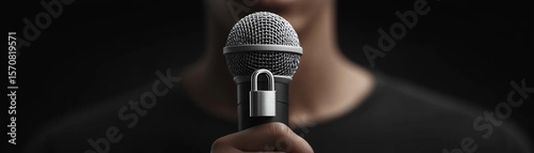 Obraz Close up monochrome portrait of person holding microphone with padlock, concept of censorship silence and restricted speech