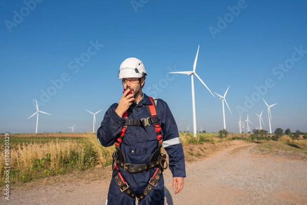 Obraz Engineer wearing uniform inspection and survey work in wind turbine farms rotation to generate electricity energy. Maintenance engineer working in wind turbine farm at sunset.