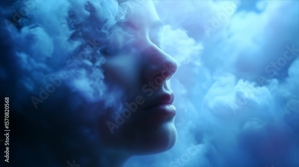 Fototapeta Mysterious woman in ethereal fog during twilight capturing serene emotions and dreamy reflections