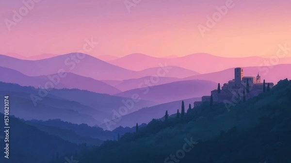 Fototapeta Serene Landscape at Twilight with Mountains and Historic Castle
