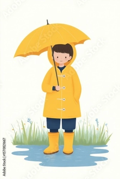 Fototapeta Cheerful Child in Yellow Raincoat Holding Umbrella with Puddle
