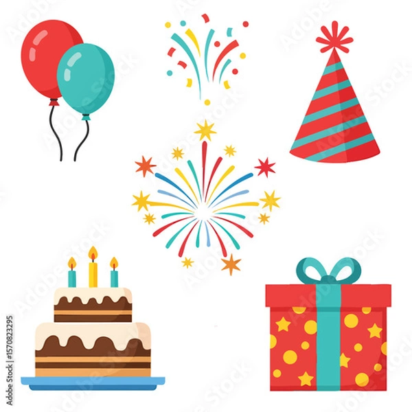 Obraz Collection of colorful birthday party elements including balloons cake gift hat and fireworks