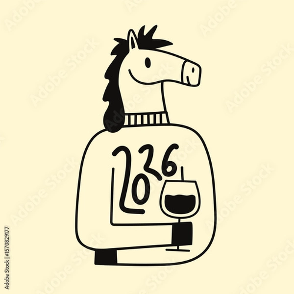 Fototapeta Vector illustration with a horse in sweater and wine glass. New Year celebration 2026 print design with farm animal, greeting card template