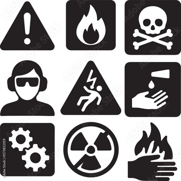 Fototapeta Industrial Safety Warning Sign Icon Set in Glyph Style