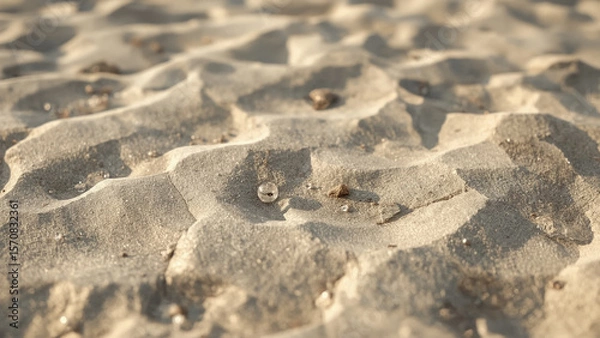 Fototapeta Close-up Textured Sand Waves with Natural Pebbles and Sparkling Crystal Beads in Sunlight