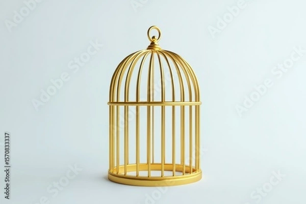 Fototapeta A gold cage with a golden bird inside. The cage is empty and the bird is not visible