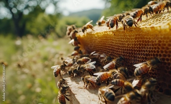Fototapeta A group of bees are gathered around a honeycomb. The bees are busy collecting nectar and pollen from the flowers in the field. The scene is peaceful and serene