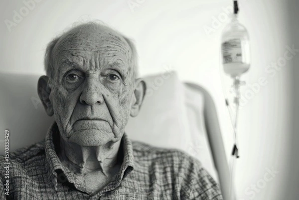 Fototapeta An old man with a black and white photo of him sitting in a hospital bed. He is hooked up to a IV and he is in pain