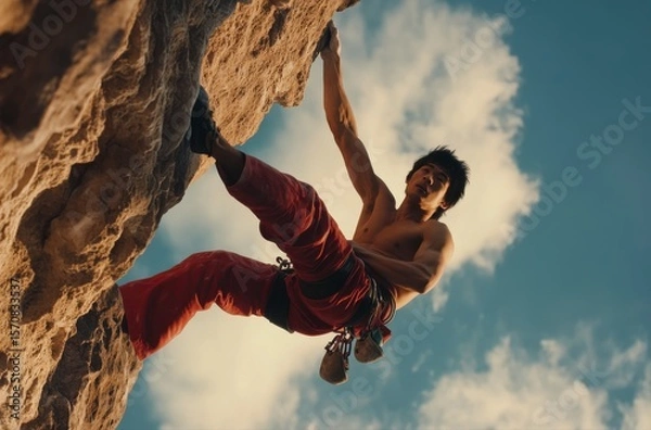 Fototapeta A man is climbing a rock wall in red pants. The man is wearing a red shirt and no shirt. The sky is blue and cloudy