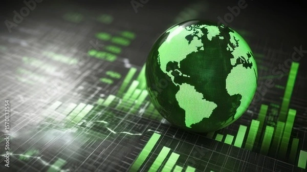 Fototapeta A green globe sits on a black background with a series of green lines. The globe is surrounded by a series of green lines that appear to be graphs