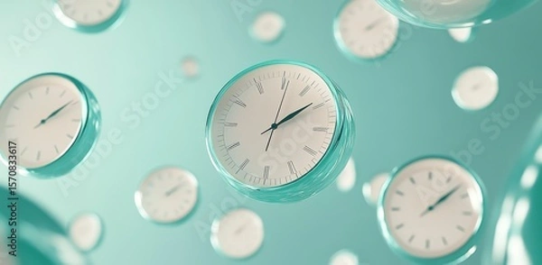 Fototapeta A collection of clocks are floating in the air, each with a different time displayed. Concept of time passing quickly and the fleeting nature of life