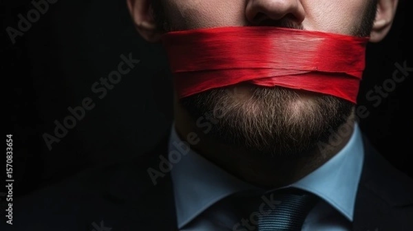 Fototapeta A man is tied up with red string and wearing a suit. Concept of restraint and control, as if the man is being held back from expressing himself or taking action. The red string adds a dramatic