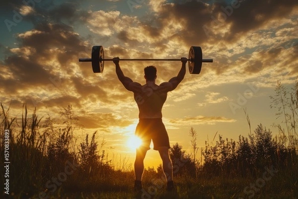 Fototapeta A man is lifting a barbell in a field at sunset. Concept of strength and determination, as the man is focused on his workout despite the beautiful surroundings. The sunset adds a serene