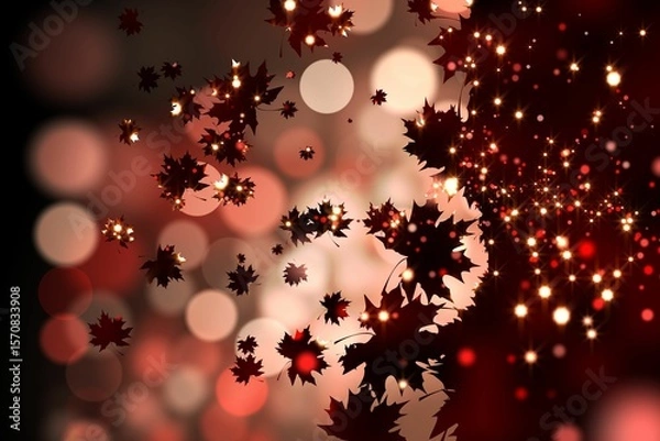 Fototapeta Abstract digital maple leaf silhouettes are drifting across dark background with bokeh sparkles