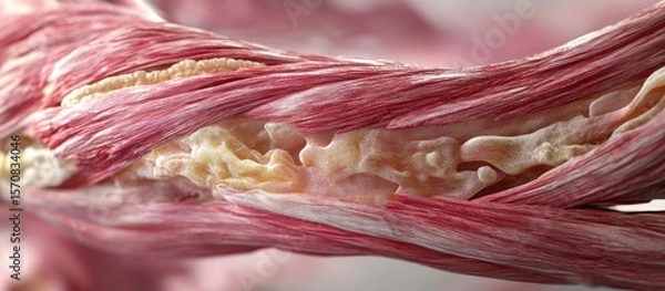 Fototapeta A close up of a pink and white ribbon with a red stripe. The ribbon is twisted and has a rough texture. Concept of movement and energy, as if the ribbon is alive and pulsating