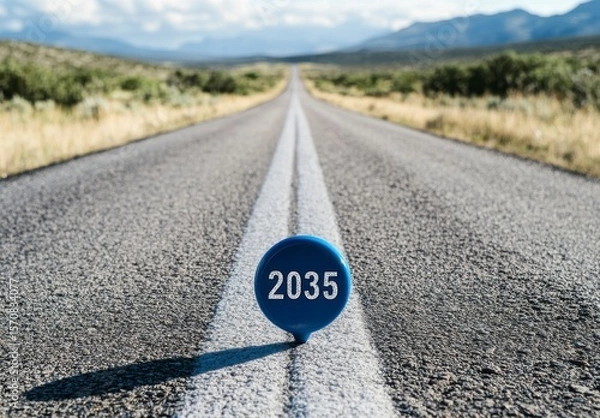 Fototapeta A blue sign with the number 2035 on it is sitting on the side of a road. The sign is placed in the middle of the road, with the road stretching out behind it. Concept of progress and forward movement