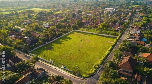 Fototapeta A large green field with a fence surrounding it. The field is located in a residential area with houses and buildings in the background