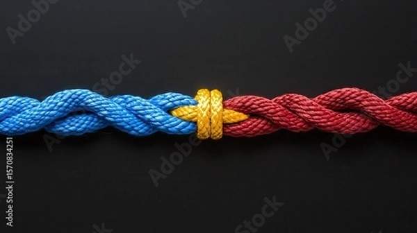 Fototapeta A rope with two different colored strands, blue and red, is tied together in a knot. The knot represents the idea of unity and connection, as the two different colors come together to form a single