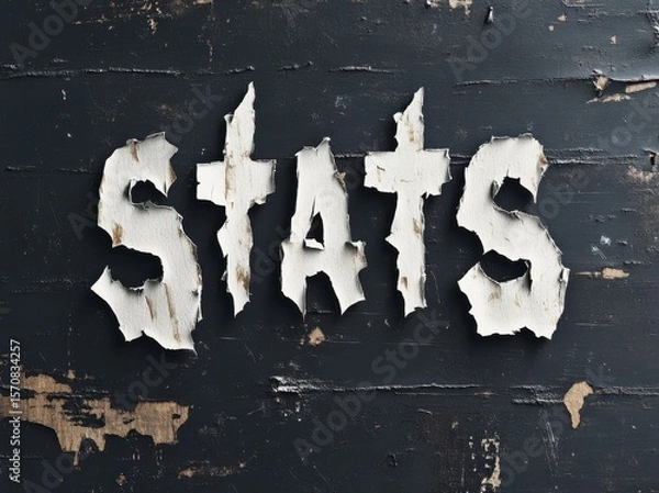 Fototapeta The word stats is written in a jagged, torn font on a black background. The font is intentionally rough and damaged, giving the impression of a worn-out or distressed appearance