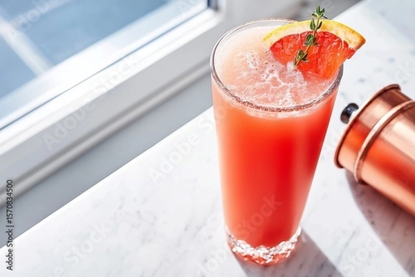 Fototapeta A sophisticated non-alcoholic spritzer garnished with fresh citrus, embodying a modern and healthy lifestyle choice.