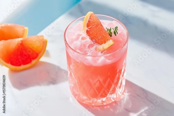 Fototapeta A refreshing grapefruit and thyme mocktail served in an elegant crystal glass, set on a marble table in bright, natural sunlight.