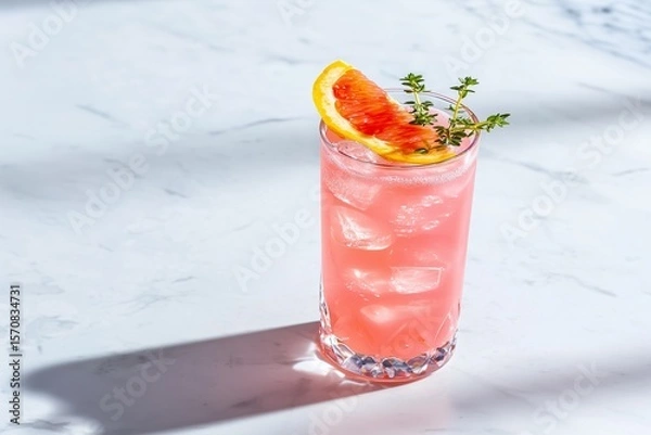 Fototapeta A refreshing grapefruit and thyme mocktail served in an elegant crystal glass, set on a marble table in bright, natural sunlight.
