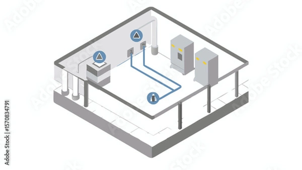 Fototapeta Isometric view of a room with electrical equipment and blue wiring diagram connections displayed