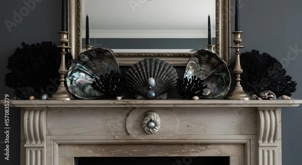 Fototapeta Elegant Mantelpiece Decor with Seashells, Pearls, Black Coral, and Gold Candlesticks Reflecting in a Mirror, Creating a Sophisticated Interior Design Element, Home Decor